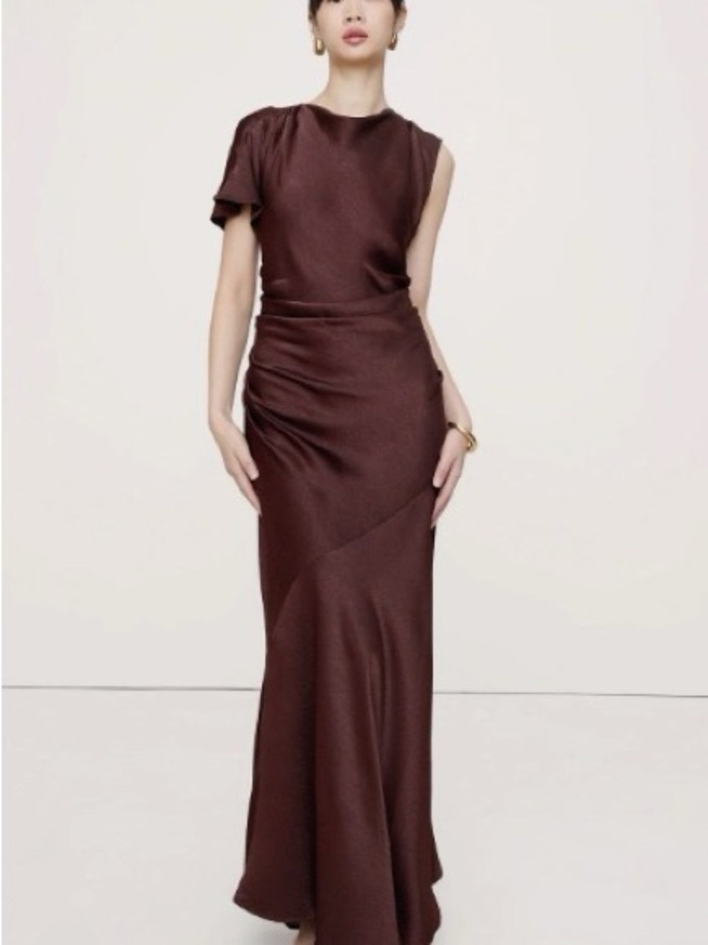 Banana Republic Bronze Hammered Satin Draped Asymmetrical Dress Maxi size M. - Picture 5 of 6